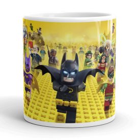 Lego Batman gyerek bögre szuperhős karakterekkel, sárga legós mintával és egyedi névvel