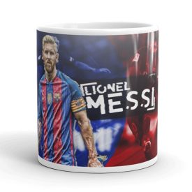 Egyedi névvel kérhető FC Barcelona mezes Lionel Messi grafikás fehér kerámia focis bögre