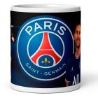 Egyedi névre szóló nagy kerek PSG címeres és Lionel Messi fotós fehér kerámia focis bögre