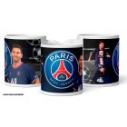 Egyedi névre szóló nagy kerek PSG címeres és Lionel Messi fotós fehér kerámia focis bögre