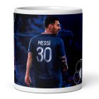 Egyedi névre szóló sötétkék 30-as mezes Lionel Messi grafikás fehér kerámia focis bögre