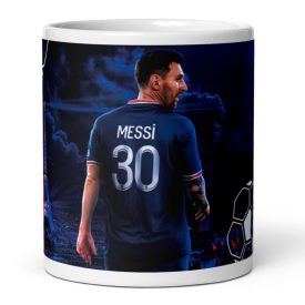 Egyedi névre szóló sötétkék 30-as mezes Lionel Messi grafikás fehér kerámia focis bögre