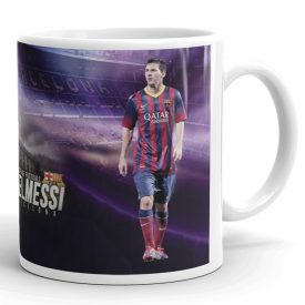Egyedi névvel kérhető Camp Nou stadion hátterű Barcelona mezes Lionel Messi grafikás fehér kerámia focis bögre