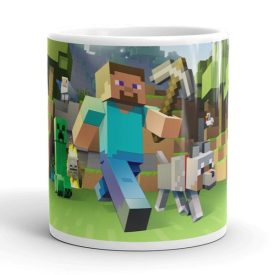 Minecraft gamer bögre Steve és Creeper karakterrel, kockás tájkép mintával és egyedi névvel