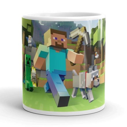 Minecraft gamer bögre Steve és Creeper karakterrel, kockás tájkép mintával és egyedi névvel
