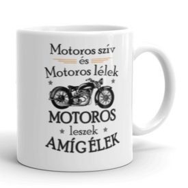 Motoros szív és motoros lélek feliratos fehér kerámia bögre fekete chopper motorkerékpár mintával