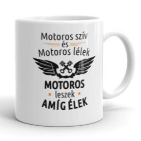 Motoros szív és motoros lélek feliratos fehér kerámia bögre szárnyas dugattyú mintával