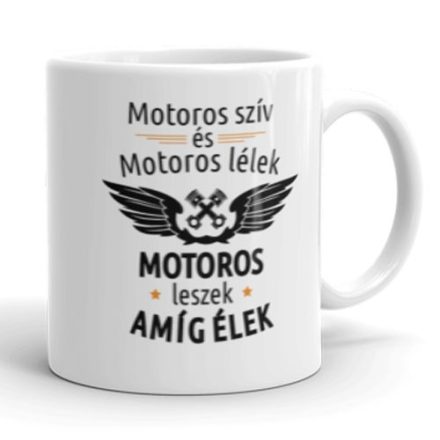Motoros szív és motoros lélek feliratos fehér kerámia bögre szárnyas dugattyú mintával