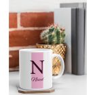 Rózsaszín sávos egyedi neves monogramos bögre nőknek