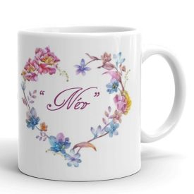 Akvarell virágos szív alakú koszorús egyedi neves női bögre