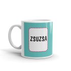 Cuki rókás bögre türkizkék háttérrel, pöttyös névkerettel, rajzfilmes kisróka mintával és egyedi névvel