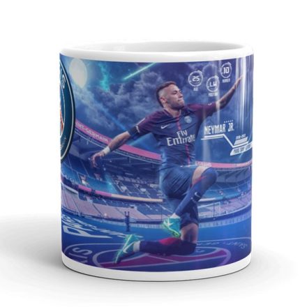 Egyedi névvel kérhető Paris Saint-Germain mezes Neymar Jr. grafikás fehér kerámia focis bögre stadion háttérrel