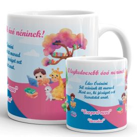 A legkedvesebb óvó néninek feliratú verses kerámia bögre olvasó kisfiú és zsiráf grafikával