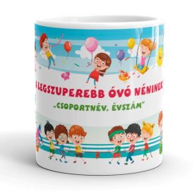 A legszuperebb óvó néninek feliratú színes kerámia bögre kötélhúzó és lufis ovis gyerekek grafikájával