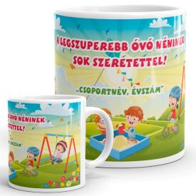 A legszuperebb óvó néninek feliratú színes játszóteres és homokozós kerámia bögre ballagásra