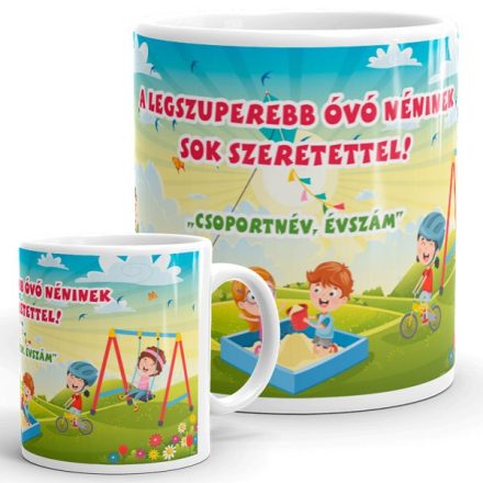 A legszuperebb óvó néninek feliratú színes játszóteres és homokozós kerámia bögre ballagásra