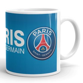 Egyedi névvel kérhető nagy kerek Paris Saint-Germain klubcímeres kék fehér kerámia focis bögre