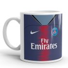 Egyedi névre szóló és mezszámos sötétkék Paris Saint-Germain focimez mintás fehér kerámia szurkolói bögre piros sávval