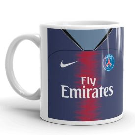 Egyedi névre szóló és mezszámos sötétkék Paris Saint-Germain focimez mintás fehér kerámia szurkolói bögre piros sávval
