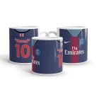 Egyedi névre szóló és mezszámos sötétkék Paris Saint-Germain focimez mintás fehér kerámia szurkolói bögre piros sávval