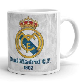 Egyedi névvel kérhető nagy kerek koronás Real Madrid C.F. klubcímeres fehér kerámia focis bögre