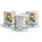 Egyedi névvel kérhető nagy kerek koronás Real Madrid C.F. klubcímeres fehér kerámia focis bögre