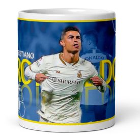 Egyedi névre szóló Cristiano Ronaldo grafikás Al-Nassr mezes fehér kerámia focis bögre