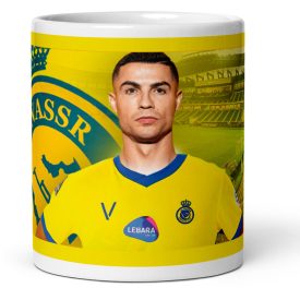 Egyedi névre szóló sárga hazai Al-Nassr mezes Cristiano Ronaldo grafikás fehér kerámia focis bögre
