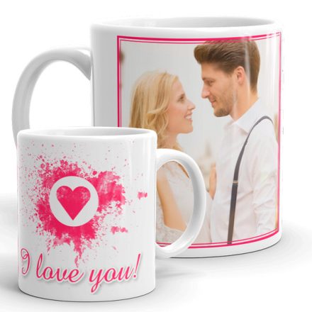 Festékfoltos szíves egyedi saját fotós páros szerelmes bögre I love you felirattal