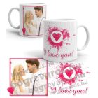 Festékfoltos szíves egyedi saját fotós páros szerelmes bögre I love you felirattal