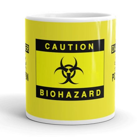 Caution Biohazard feliratos élénksárga fehér kerámia bögre fekete biológiai veszély szimbólummal