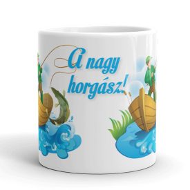 Csónakos horgász bögre vidám pecás illusztrációval, ugró hal grafikával és egyedi névvel