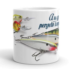 Pergető horgász bögre élethű műcsali és wobbler mintával, egyedi névvel ellátva