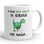 A dinók nem kávéztak és kihaltak csak mondom feliratú fehér kerámia bögre zöld rajzolt dinoszaurusz grafikájával.
