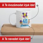 Születésnapi 40 éves bögre színes lufi és szülinapi torta mintával, egyedi kék szalagos névfelirattal