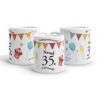 Születésnapi egyedi életkoros bögre tetszőleges számmal, színes parti zászló és muffin grafikával, egyedi névfelirattal