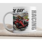  Egyedi felirattal és saját névvel kérhető Forma-1 versenyautó mintás fehér kerámia szurkolói bögre piros versenyautóval és Race Day felirattal