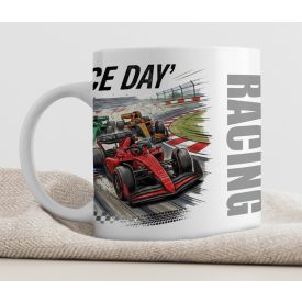  Egyedi felirattal és saját névvel kérhető Forma-1 versenyautó mintás fehér kerámia szurkolói bögre piros versenyautóval és Race Day felirattal