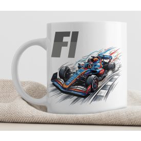 Egyedi felirattal és saját névvel kérhető kék és narancssárga versenyautó mintás fehér kerámia szurkolói bögre nagy szürke F1 felirattal