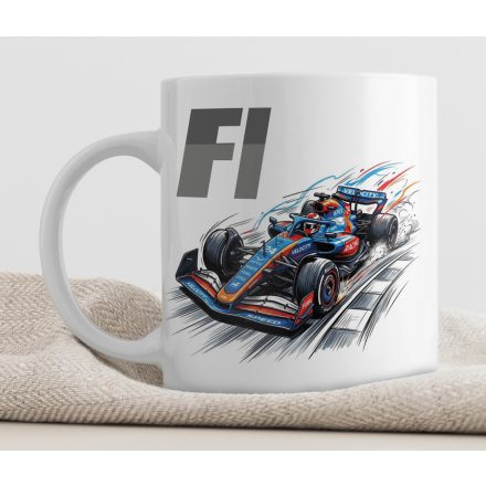 Egyedi felirattal és saját névvel kérhető kék és narancssárga versenyautó mintás fehér kerámia szurkolói bögre nagy szürke F1 felirattal