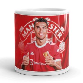 Egyedi névvel kérhető piros TeamViewer mezes Cristiano Ronaldo grafikás fehér kerámia focis bögre nagy klubcímerrel