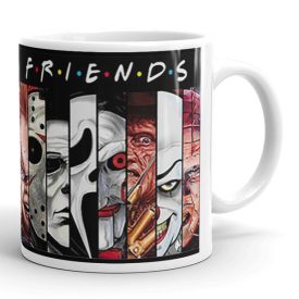 Horror Friends feliratú fehér kerámia bögre híres horrorfilm gyilkosok és karakterek színes montázs grafikájával.