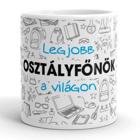 Legjobb osztályfőnök a világon feliratú kerámia bögre laptop és iskolatáska grafikákkal