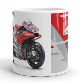 Vörös fehér ducati desmosedici gp verseny motor shell felirattal és ducati corse logóval egyedi neves mintás fehér bögre