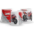 Vörös fehér ducati desmosedici gp verseny motor shell felirattal és ducati corse logóval egyedi neves mintás fehér bögre