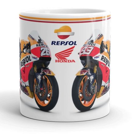Repsol honda rc213v gp verseny motorok 26-os és 93-as rajtszámmal valamint repsol és honda logóval egyedi neves mintás fehér bögre