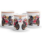 Repsol honda rc213v gp verseny motorok 26-os és 93-as rajtszámmal valamint repsol és honda logóval egyedi neves mintás fehér bögre