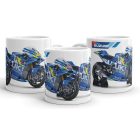 Kék ezüst suzuki gsx-rr verseny motor ecstar motul feliratokkal és team suzuki logóval egyedi neves mintás fehér bögre