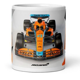 Narancssárga kék mclaren f1 versenyautó szemből és mclaren logó egyedi neves mintás fehér bögre