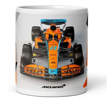 Narancssárga kék mclaren f1 versenyautó szemből és mclaren logó egyedi neves mintás fehér bögre